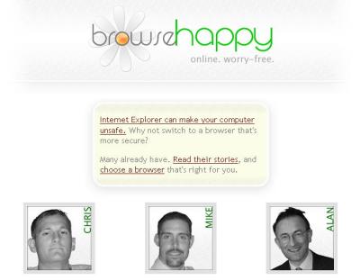 ブラウザの乗換を勧める BrowseHappy のサイトのスクリーンショット
