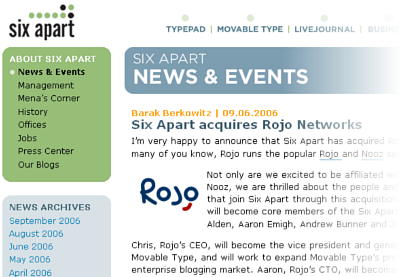 Rojo Networks 買収を発表した six apart のニュースリリース