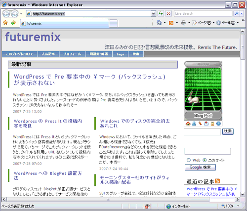 Windows XP 標準テーマの IE7 の表示