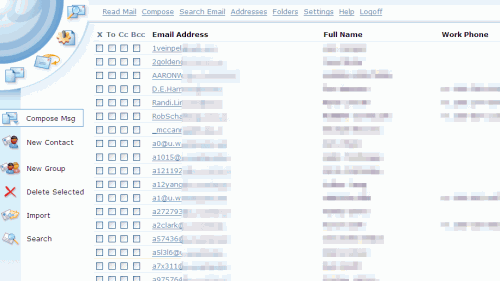 AtMail のアドレス帳に大量に表示されたメールアドレス