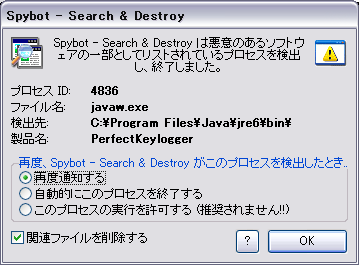 Spybot - Search & Destroy が javaw.exe をキーロガーとして検出したところ
